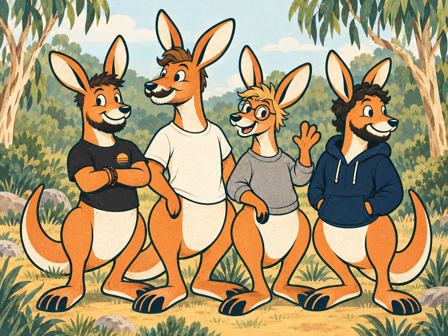 A hand-drawn cartoon of the four RooQL kangaroos in a eucalyptus clearing. From left: José with dark hair, a beard and crossed arms in a black sunset T-shirt; Oliver, the tallest, with a brown fringe and moustache in a white T-shirt; Charlie with blond hair and round glasses, waving in a grey sweatshirt; and Giorgi with dark wavy hair and a beard in a navy hoodie, looking off camera.